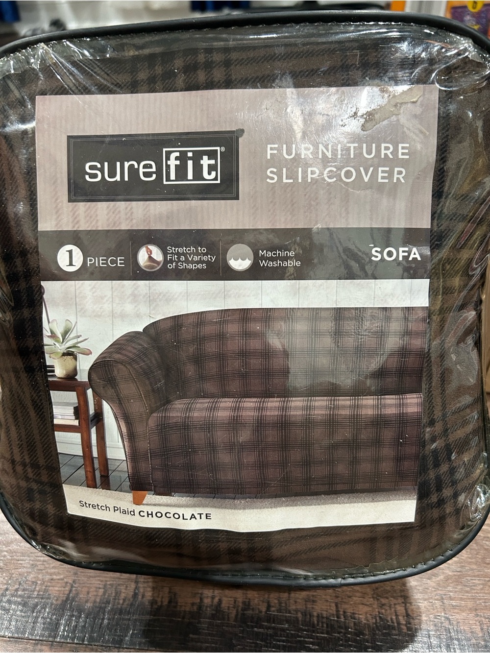 NWT Sure Fit Chocolate Plaid Stretch Sofa Slipcover